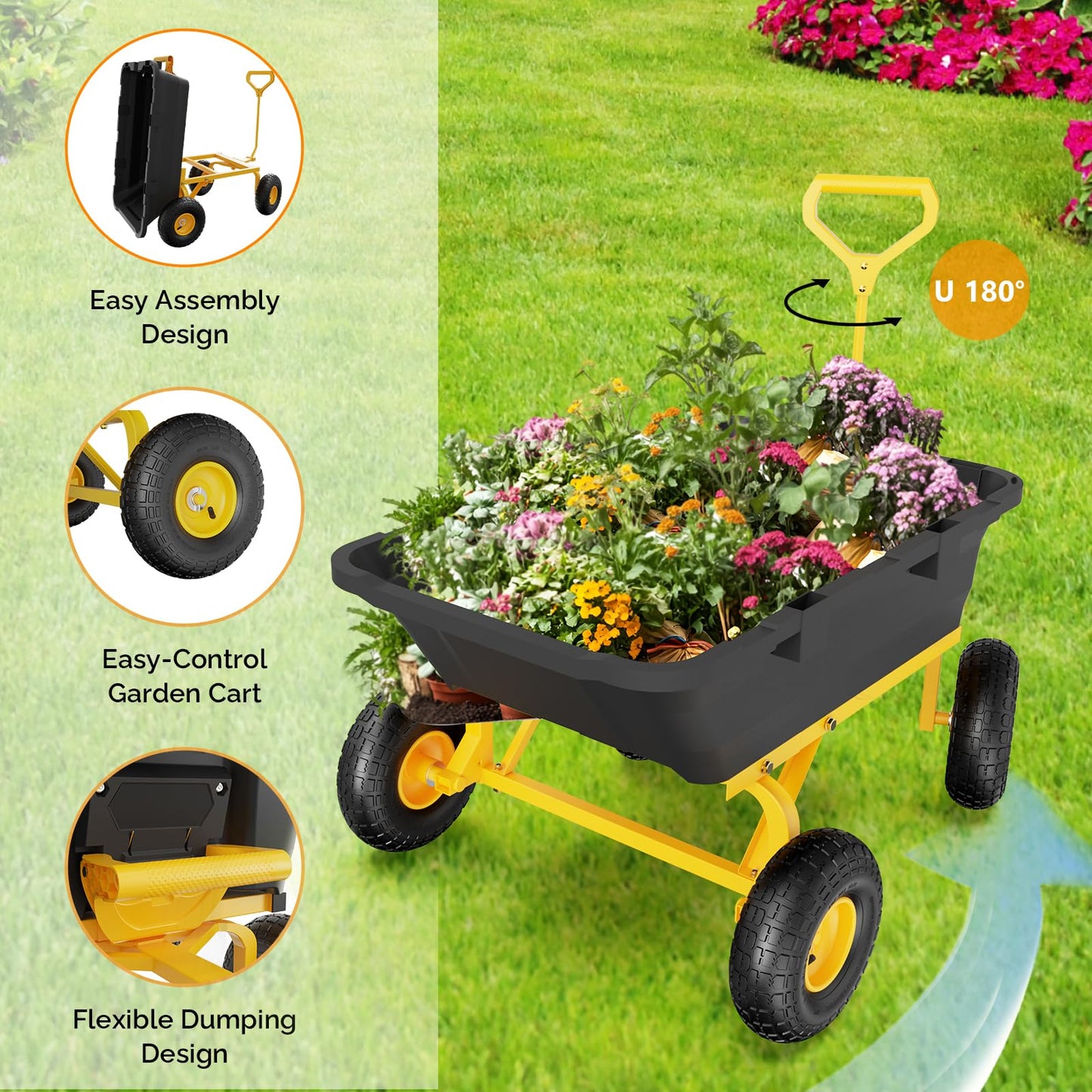 VINGLI Heavy Duty Dump Cart Wagon, 800LBS Quick-Release Dump Poly Wheelbarrow, 10in All-Terrain Pneumatic Tires Garden Wagon for Garden, Yard, Beach