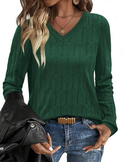 OFEEFAN Womens Sweaters Long Sleeve Shirts Fall Outfits 2025 V Neck Soft Knit Pullover Trendy Tops Dressy Casual Blouses