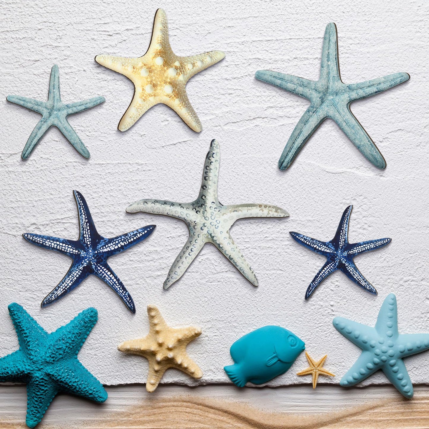 CroBlissful 6 Pcs Summer Starfish Wall Decor Beach Starfish Wooden Wall Art Beach Coastal Wooden Sign with Hook Summer Hanging Decoration for Home Farmhouse Sculpture Indoor Outdoor