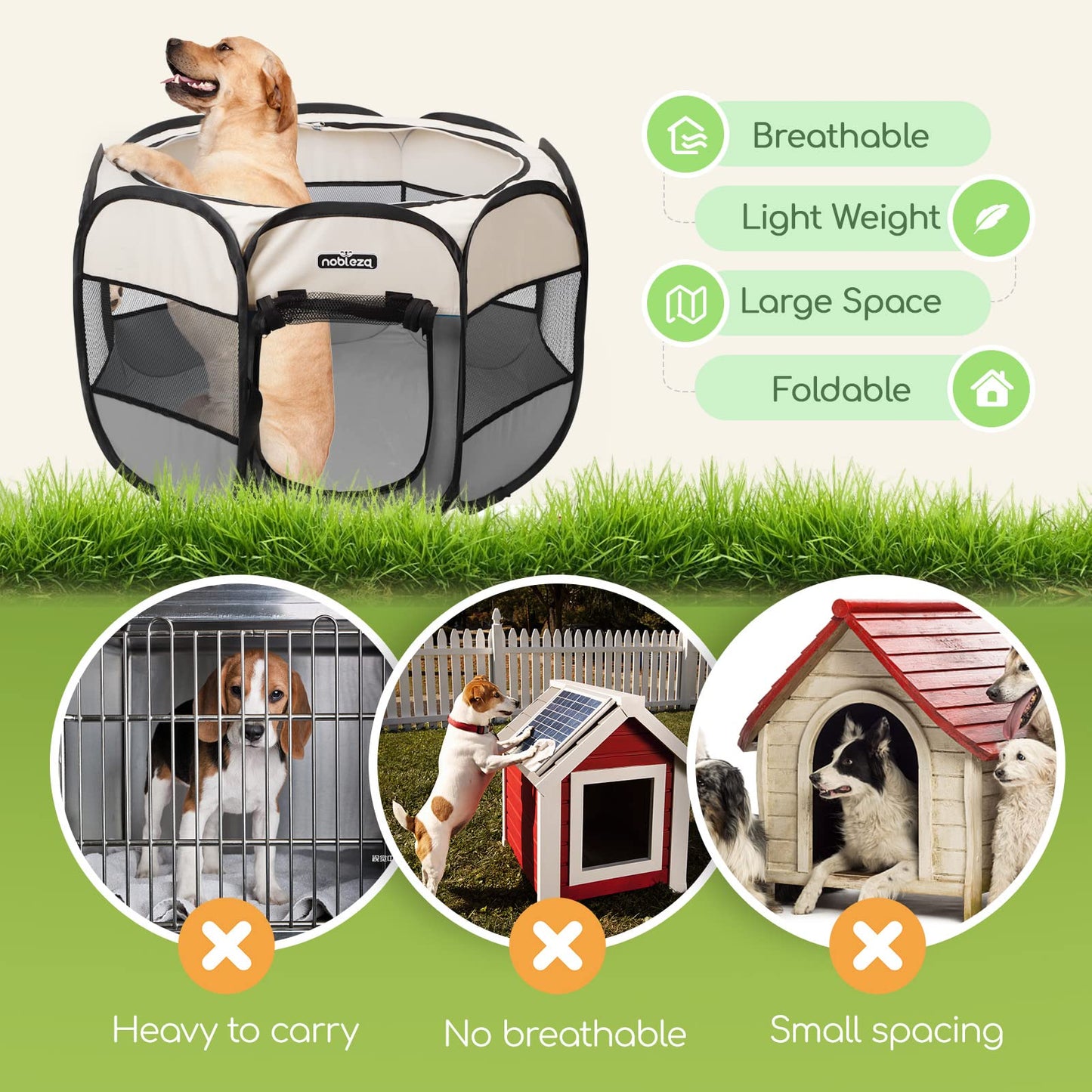 Nobleza Pet Playpen Portable Foldable Dog Cat Puppy Pen for Indoors Outdoor Pop Up Pet Fence Breathable Mesh Pet Carrier Kennel Soft Cage Tent for Rabbit Hamster Guinea Pig Beige Gray,24.4x24.4x17.7in