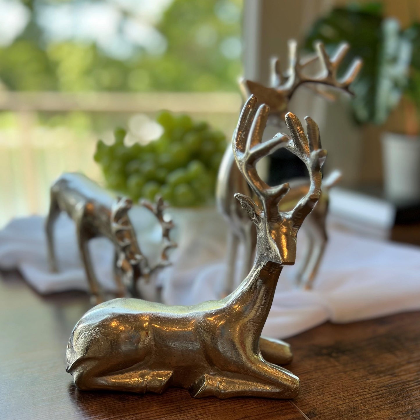 WHW Whole House Worlds Rustic Reindeer Figurines, Set of 3, Handmade, Cast Silver Aluminum, 8.75 Inches