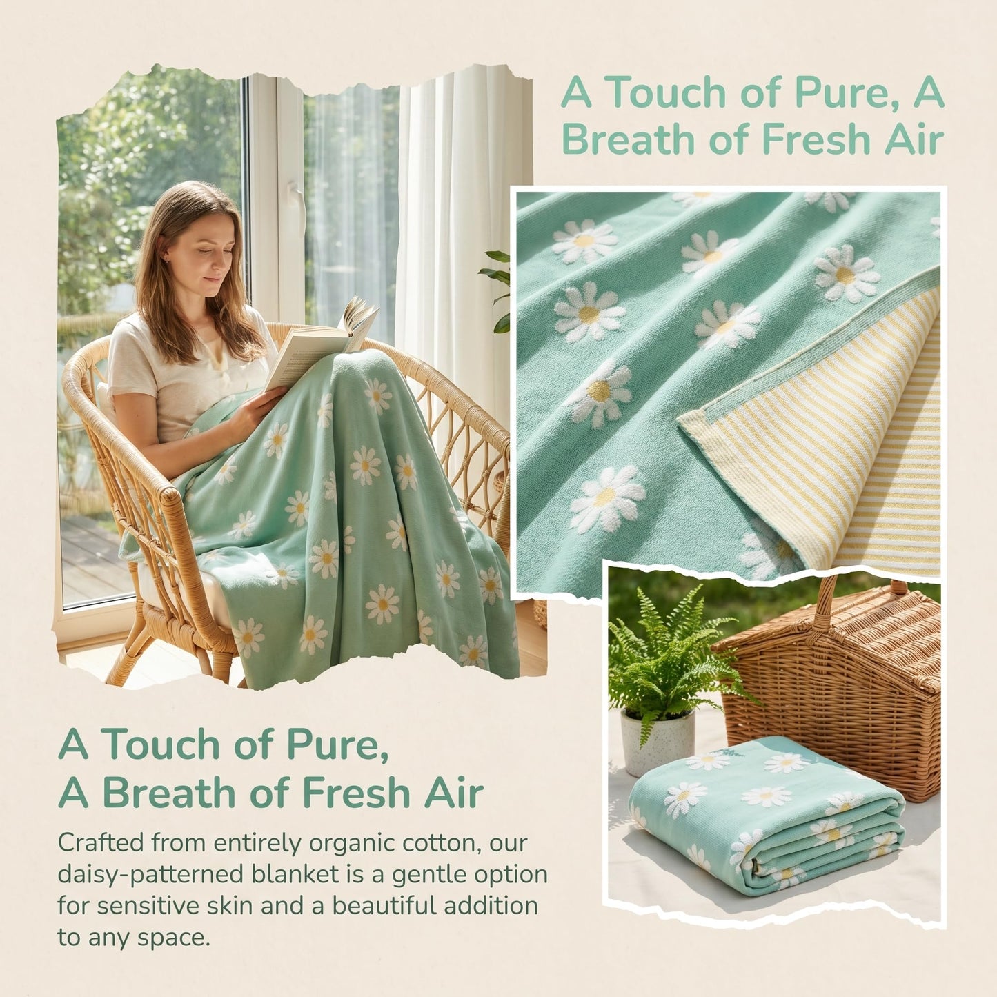 SANACYNA 6-Layer Gauze 100% Cotton Muslin Blanket Sunflower Queen Size 90"x90" Bed Blanket Lightweight Soft And Breathable Blanket For Sofa Bed Coverlet All Seasons Both sides (Green, Queen (90"x90"))