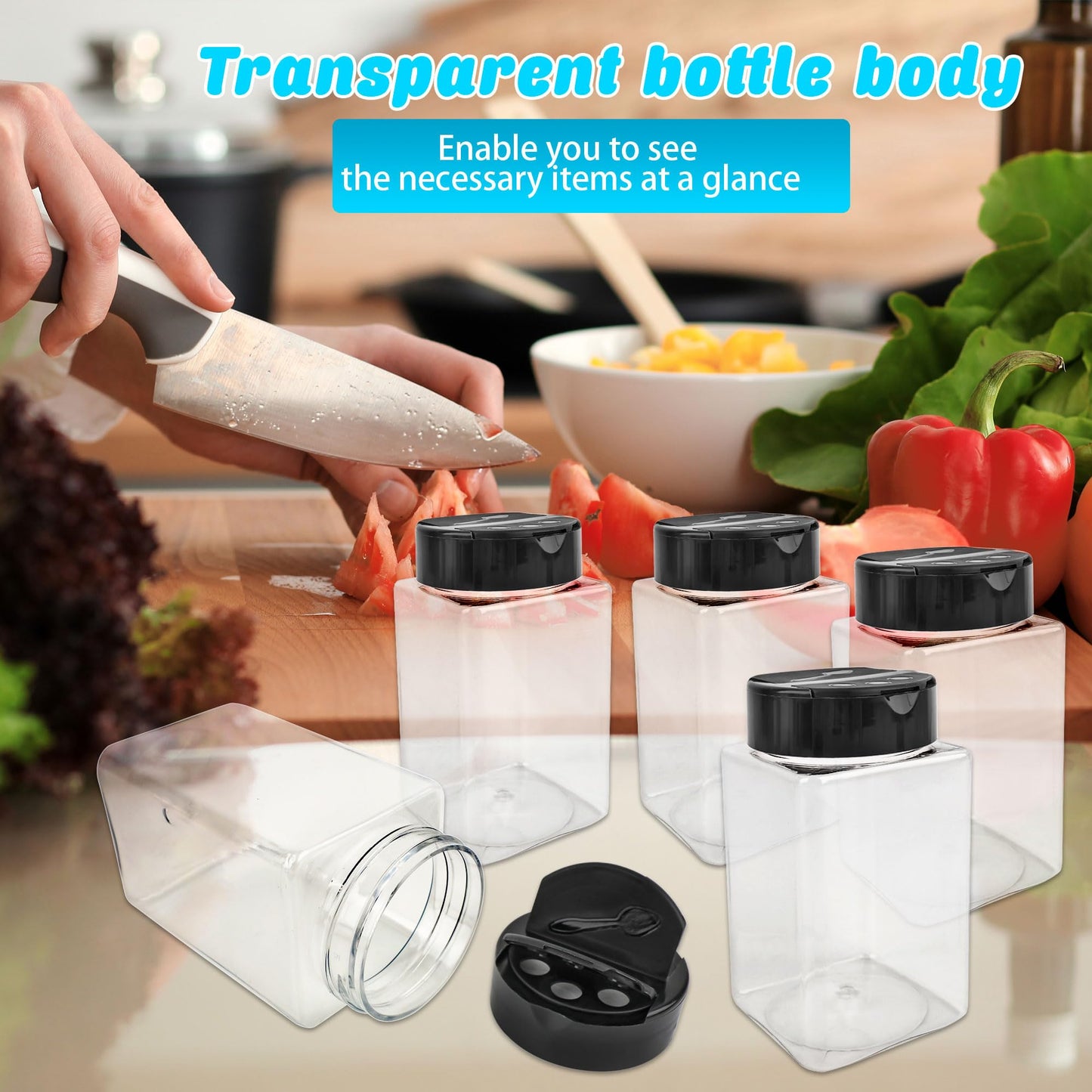 Conagel 36 Pack 9 oz Square Plastic Spice Jars with Black Lids Empty Seasoning Containers Plastic Storage Spice Bottles for Kitchen Peppers Salt
