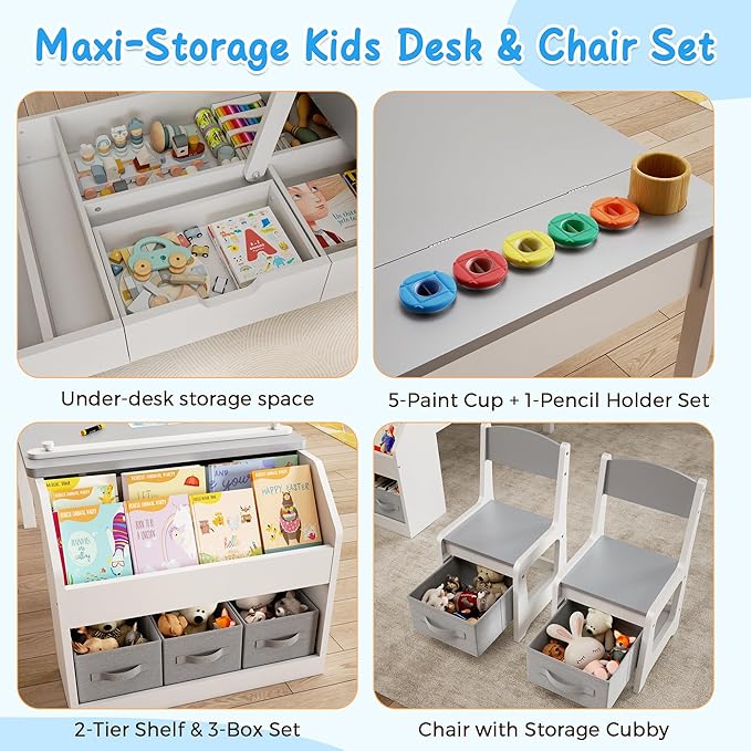 5-in-1 Kids Art Table and Chairs, Toddler Table and Chair Set, Craft Play Desk