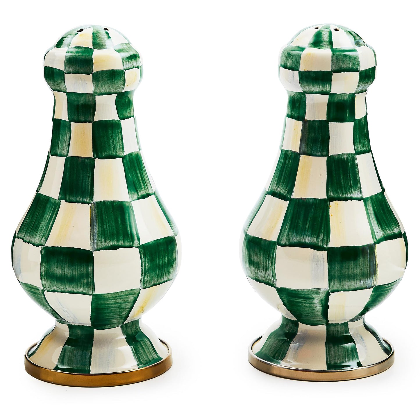 MACKENZIE-CHILDS Enamel Salt and Pepper Shakers, Kitchen Table Spice Shaker Set, Green-and-White Emerald Check, Large