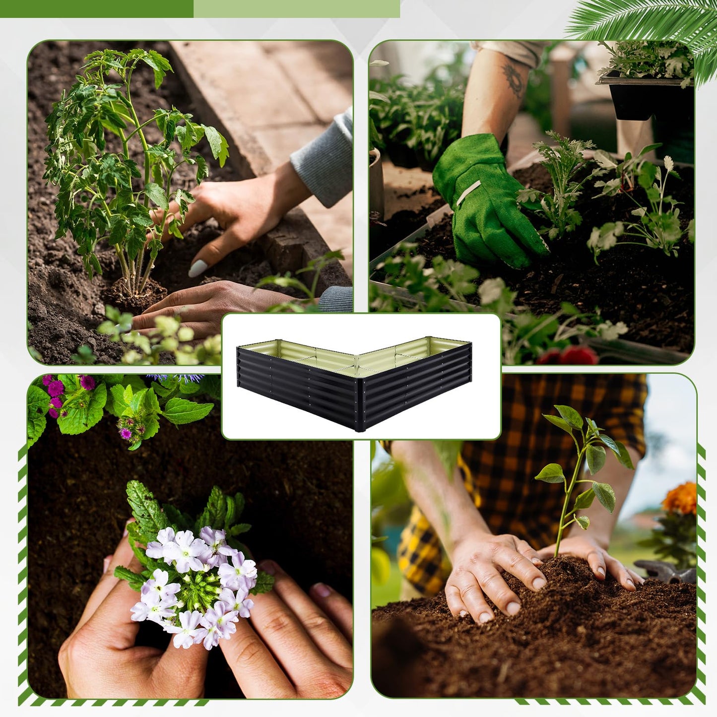 ElaraBerry 6.2x6.2x1.5 ft Raised Galvanized Garden Beds Outdoor L Shaped, Large Corner Metal Deep Root Planter Box with Gloves for Planting Vegetable Flower Herb, Anti Rust, Easy Setup, Gray (Square)