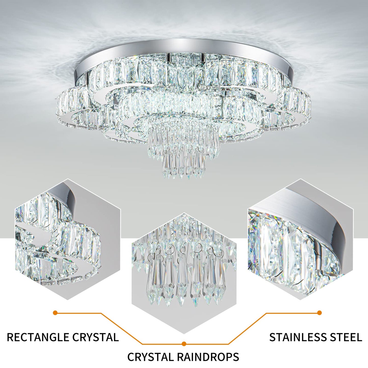 HongnuoFc 21 Inch Crystal Chandelier LED Flush Mount Ceiling Light Fixtures Luxury Chandeliers for Living Room Bathroom Bedroom Entrance Dining Room(Cool White)