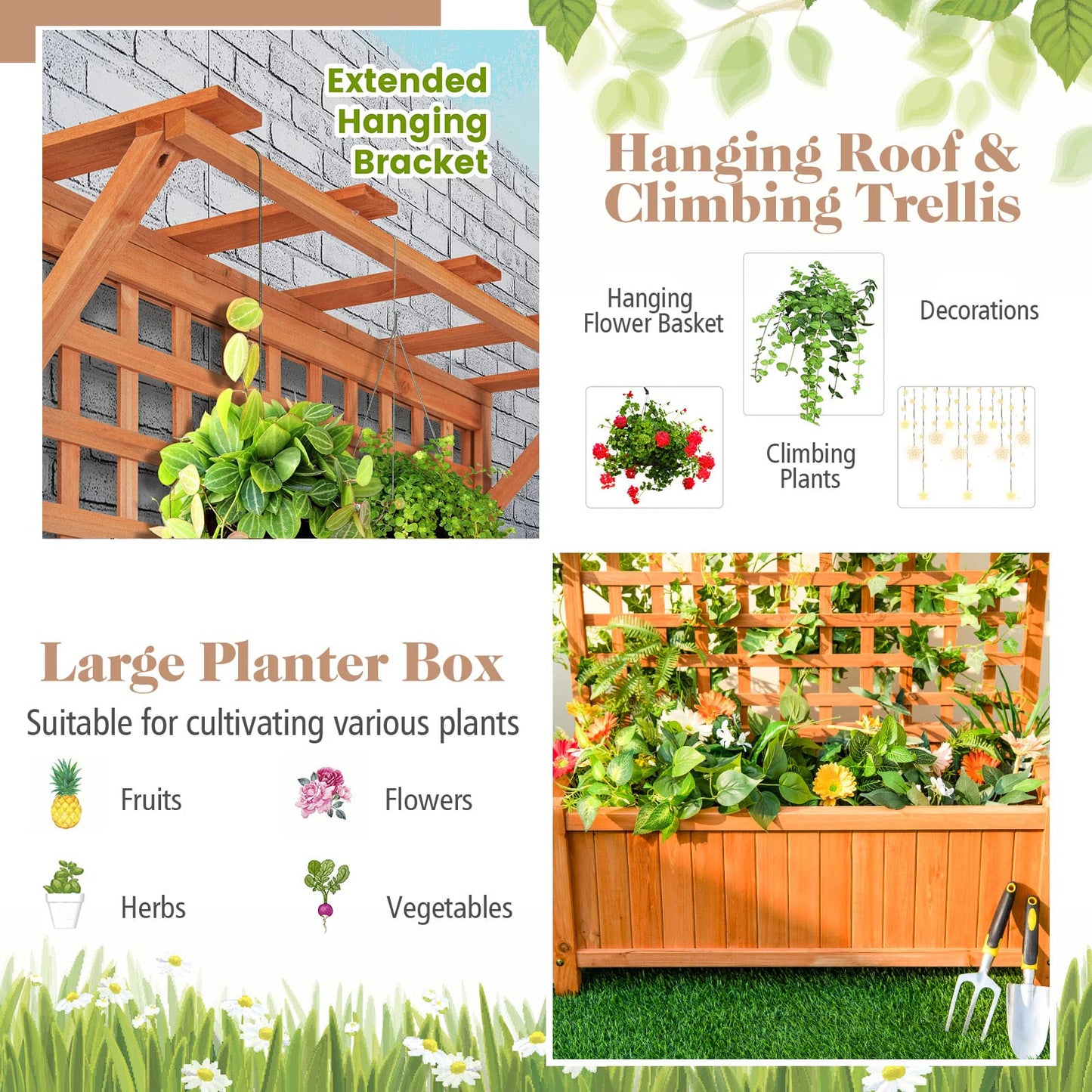 S AFSTAR Raised Garden Bed with Trellis, Wood Elevated Planter Box with Hanging Roof & Climbing Trellis, 4 Drainage Holes, 72.5" Tall Freestanding Planter Container for Vine Climbing Plants Flowers
