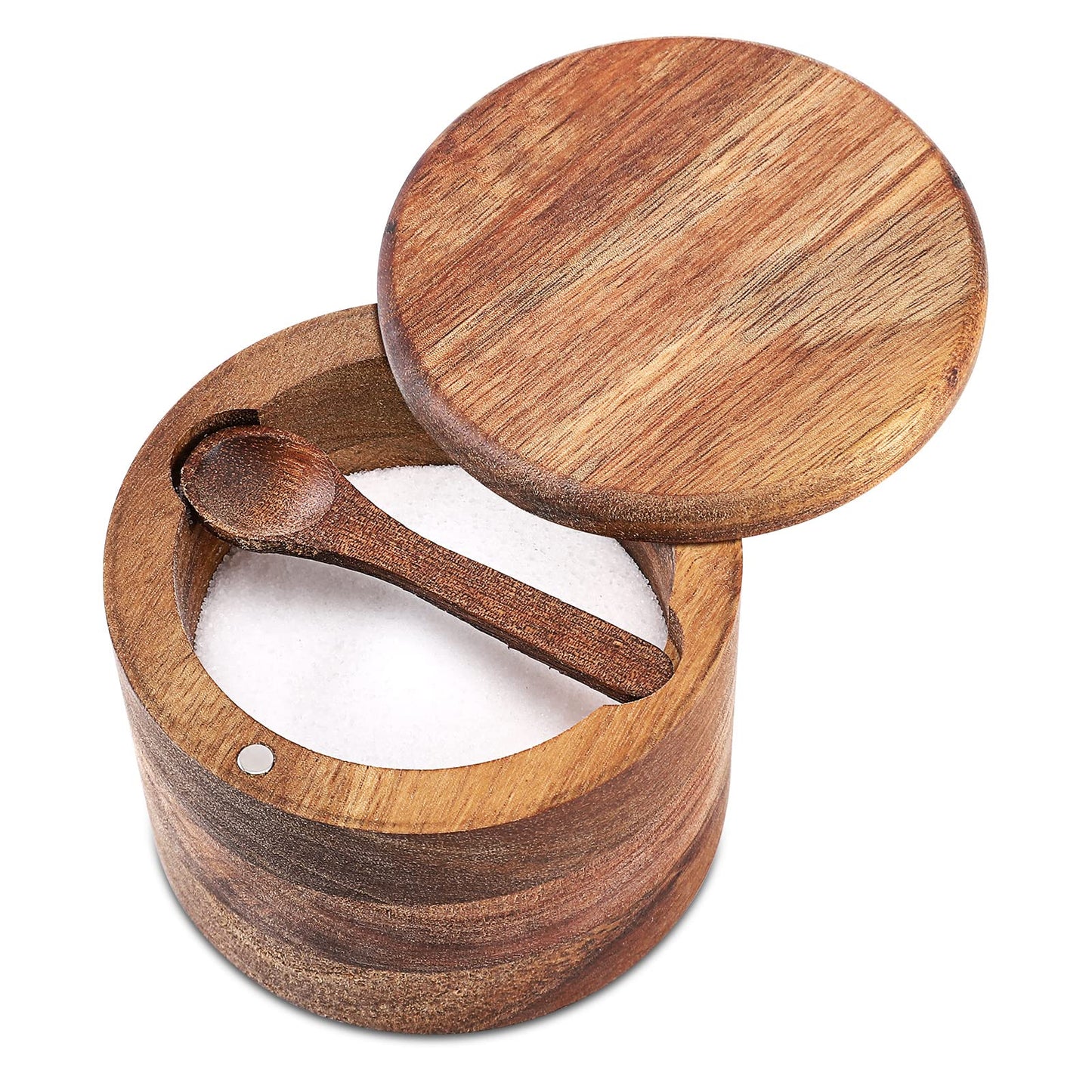 RAETTER.LY Acacia Wood Salt and Pepper Bowl, Nature Wood Salt Cellar and Spices Storage Box With Built-in Spoon and Magnetic Swivel Lid (Single Compartment 6.5 oz)