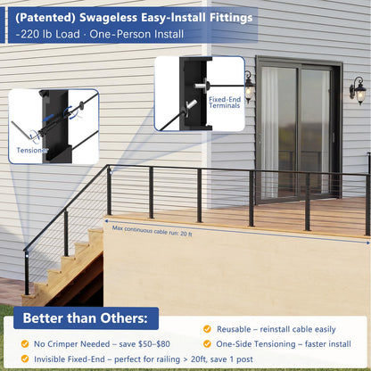 Zylorix 36" Swageless 2-4FT Black Complete Cable Railing System Post Kit with Handrail Cuttable, T304 Stainless Steel, Modular Pre-Cut 1/10" Cable Railing Kit with Stair Post for 28-38 Degree Stairway
