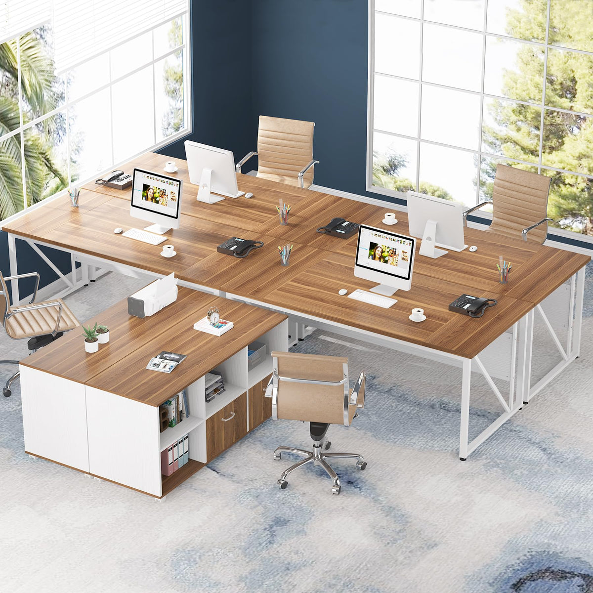 Tribesigns 63 inches Executive Desk and 47" lateral File Cabinet, L-Shaped Computer Desk Home Office Furniture Set with Drawers and Storage Shelves, Office Table with Cabinet (Walnut+White, 63)