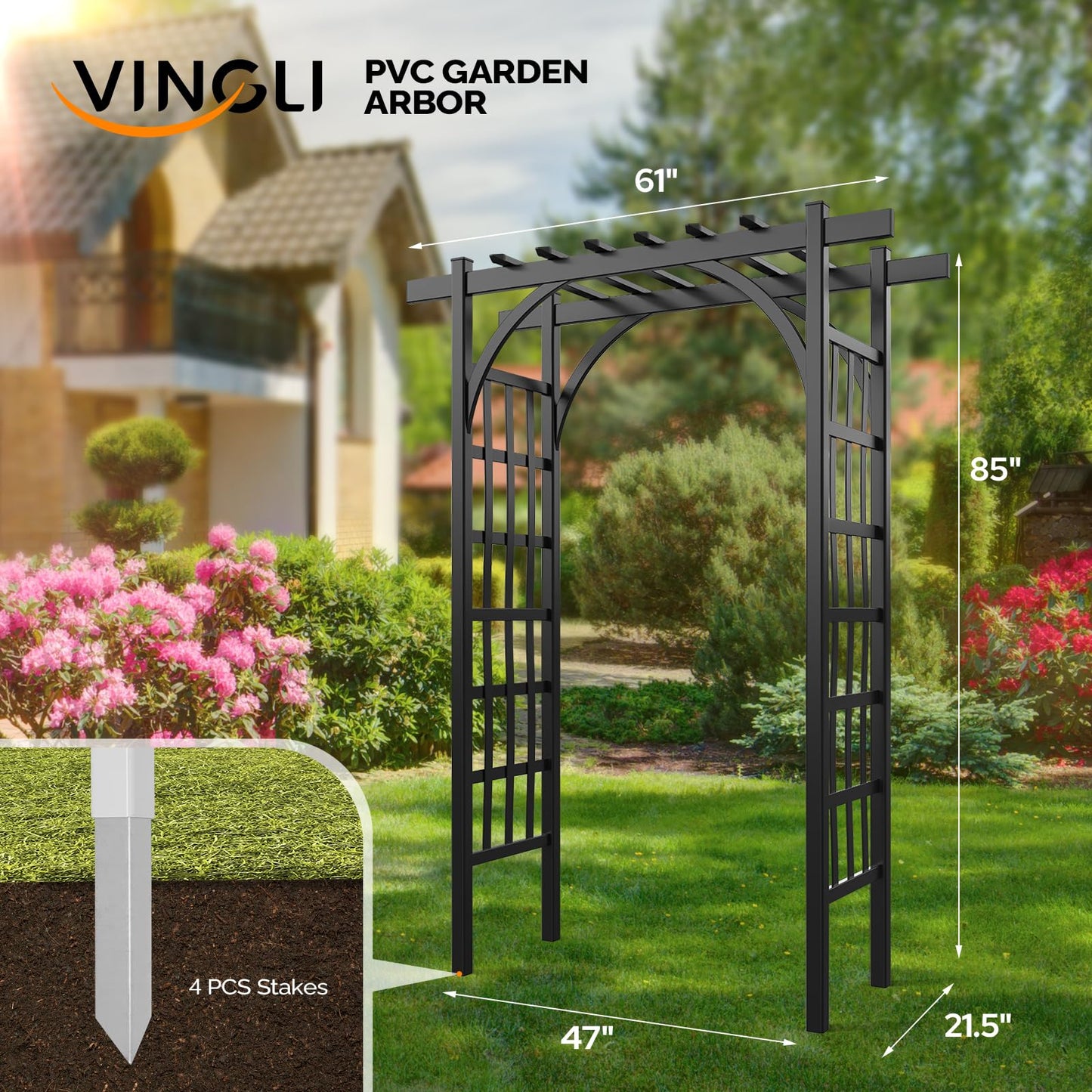 VINGLI Garden Arbor, PVC Wedding Arch for Ceremony Party, Garden Trellis for Climbing Plants Outdoor, Arch Backdrop Stand for Garden, Backyard, Wedding, Lawn (Black)