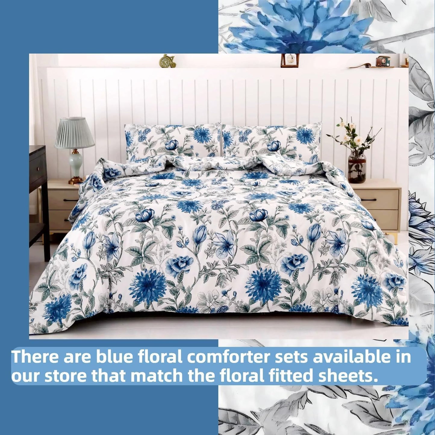 SDIII Blue Floral Twin Fitted Sheet with 2 Pillowcases, Deep Pocket Soft Microfiber Twin Bed Sheet Floral Blue All Season
