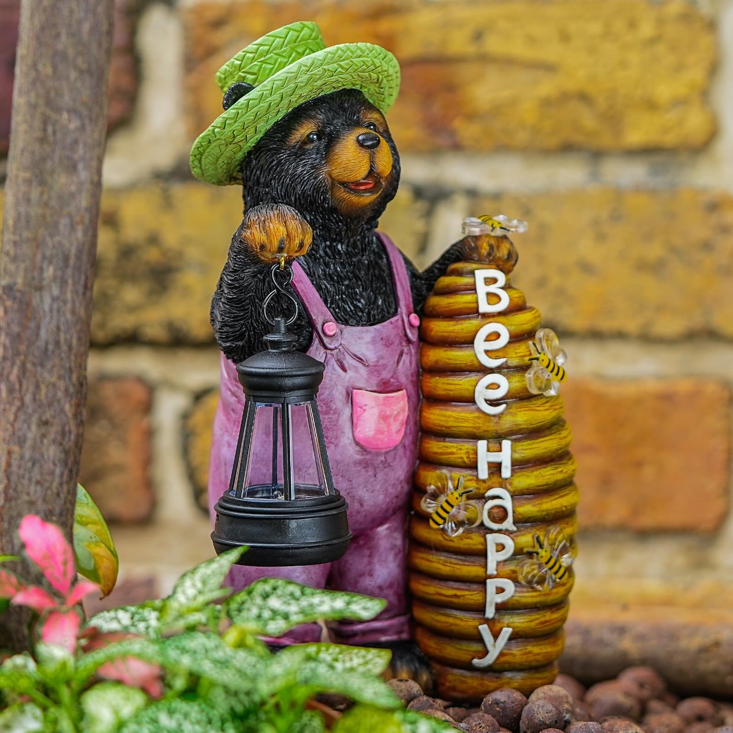 Joint Honglin Solar Black Bear Garden Statue with Lighted Beehive & Lantern, Resin Bear Holding Honey Bee Hive, Outdoor Waterproof Solar Garden Decor, Yard Lawn Patio Porch Farmhouse Decoration