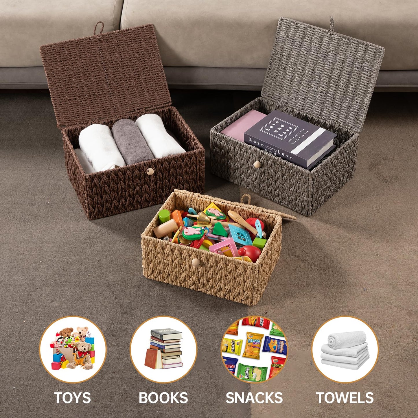 OIAHOMY Wicker Storage Basket with Lid & Lock, Lidded Storage Bins, Decorative Baskets for Organizing, Set of 2-Natural