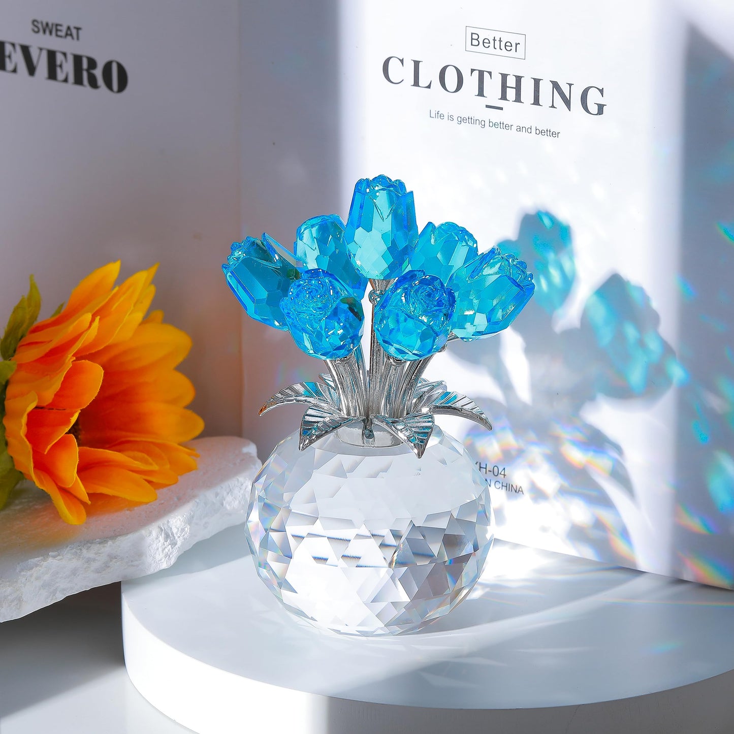 Lake Blue Rose Crystal Figurine with Vase, Bouquet Flowers Ornament Gifts for Wife, Girlfriend, Women - Handmade Crystal Flower Collectible Home Table Decor for Valentine Day, Wedding Anniversary