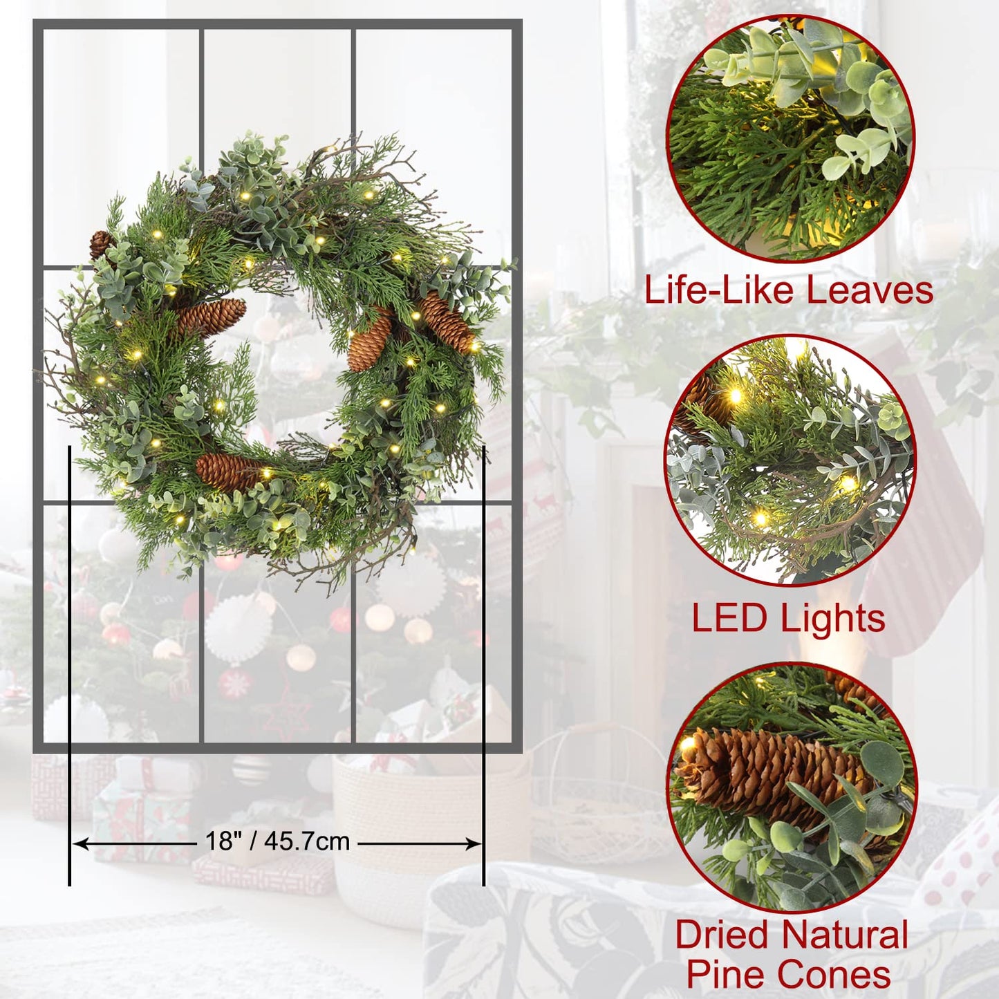 Pre Lit Christmas Wreath for Front Door Green Wreath Decorated with Pine Cones,Berry Clusters, Abundant Fit Branches 18” Lighted Christmas Wreaths for Windows Winter Wreath Hanging Wall Decor