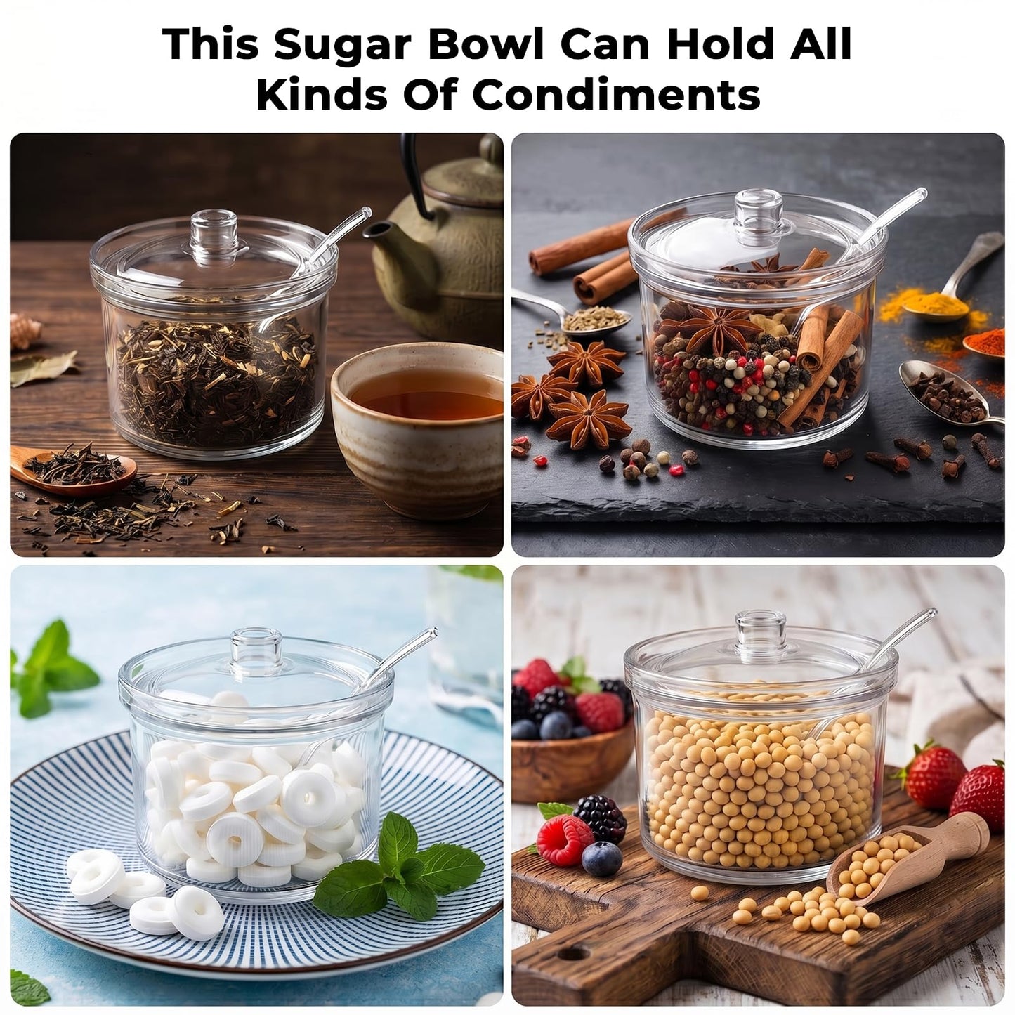 moheaaei 12 Pcs Acrylic Sugar Bowls with Lid and Spoon, Clear Plastic Condiment Jars for Kitchen, Coffee Bar, Party Supplies, 7.1 oz Bulk Storage Containers for Sugar, Salt, Spices