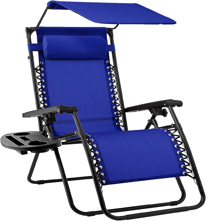 Best Choice Products Folding Zero Gravity Outdoor Recliner Patio Lounge Chair w/Adjustable Canopy Shade, Headrest, Side Accessory Tray, Textilene Mesh - Cobalt Blue