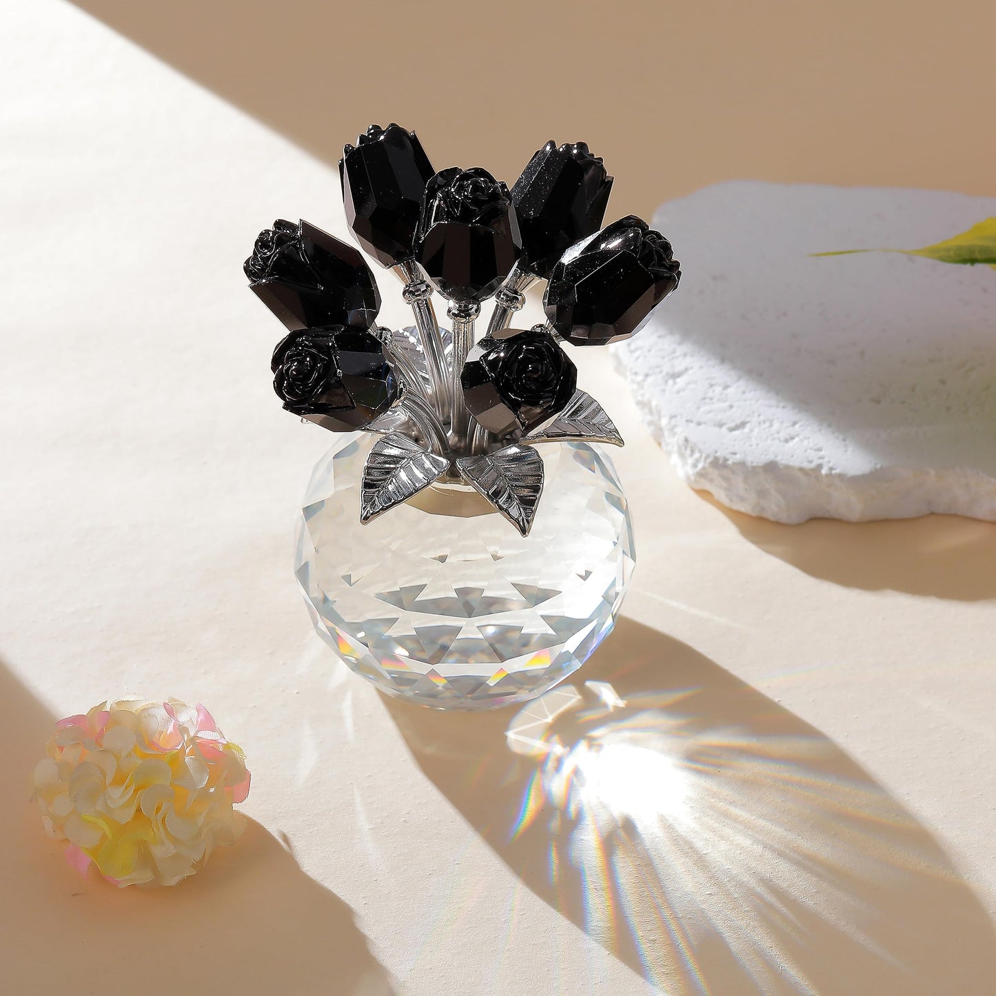 Movdyka Black Rose Flower Crystal Figurine with Vase, Bouquet Flowers Gifts for Wife Girlfriend Women - Fake Black Roses Halloween Gothic Decor