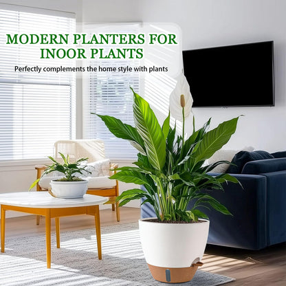 Fielda 8/10/12 Inch Self Watering Pots for Indoor/Outdoor Plants - Large Plastic Planter with Drainage Holes, Water Level Indicator & Deep Reservoir, Modern Decorative Flower Pots (White)