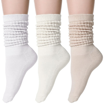 Geyoga 3 Pairs Slouch Socks for Women Scrunch Boot Cotton Knit Thigh High Slouch Socks for Women(Beige, White, Khaki,5-8)