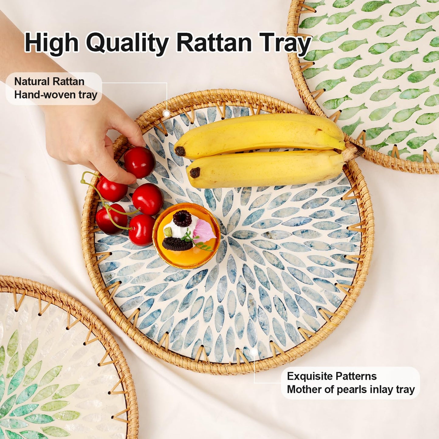 Tynulox Round Rattan Tray with Mother of Pearl Inlay, Rattan Serving Tray for Coffee, Bread, Fruits, Decorative Wicker Tray for Table Decor, Home Decor, Kitchen Island Decor (Light Blue Leaf, 11.8")