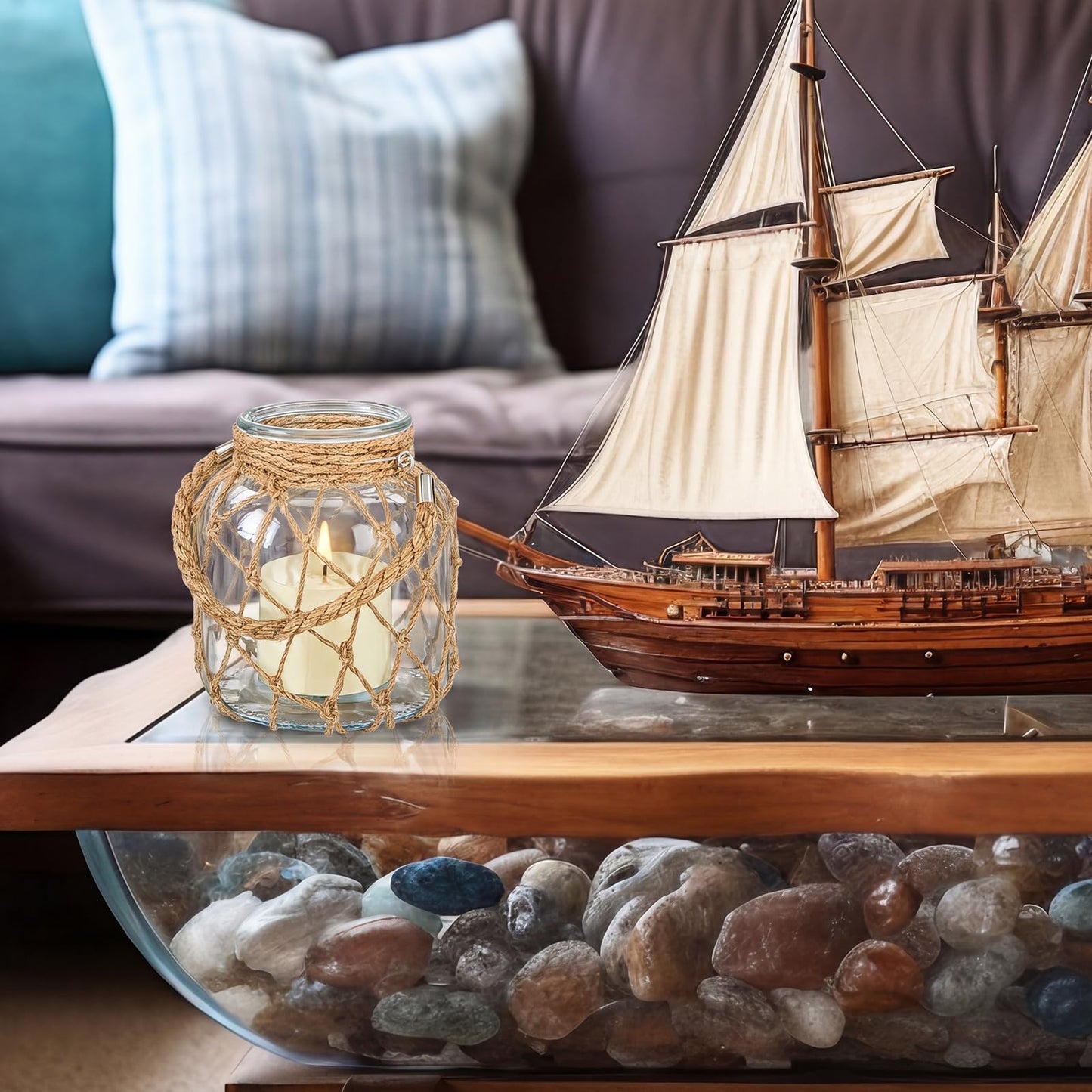 Blushtier 2 Set Nautical Candle Lantern with Rope Handle Coastal Glass Jar Battery Operated LED Flameless Lantern for Room Party Sea Beach House Table Centerpieces Decoration 5.5" x 5.5" x 6.3"