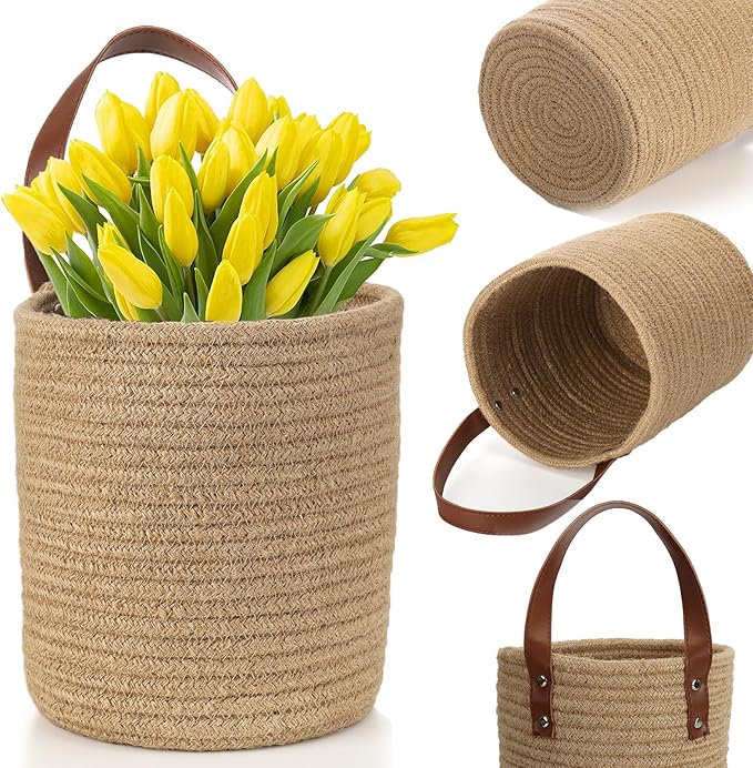 YOUEON Set of 2 Jute Hanging Basket 7.8" x 6.7", Small Wall Hanging Planter