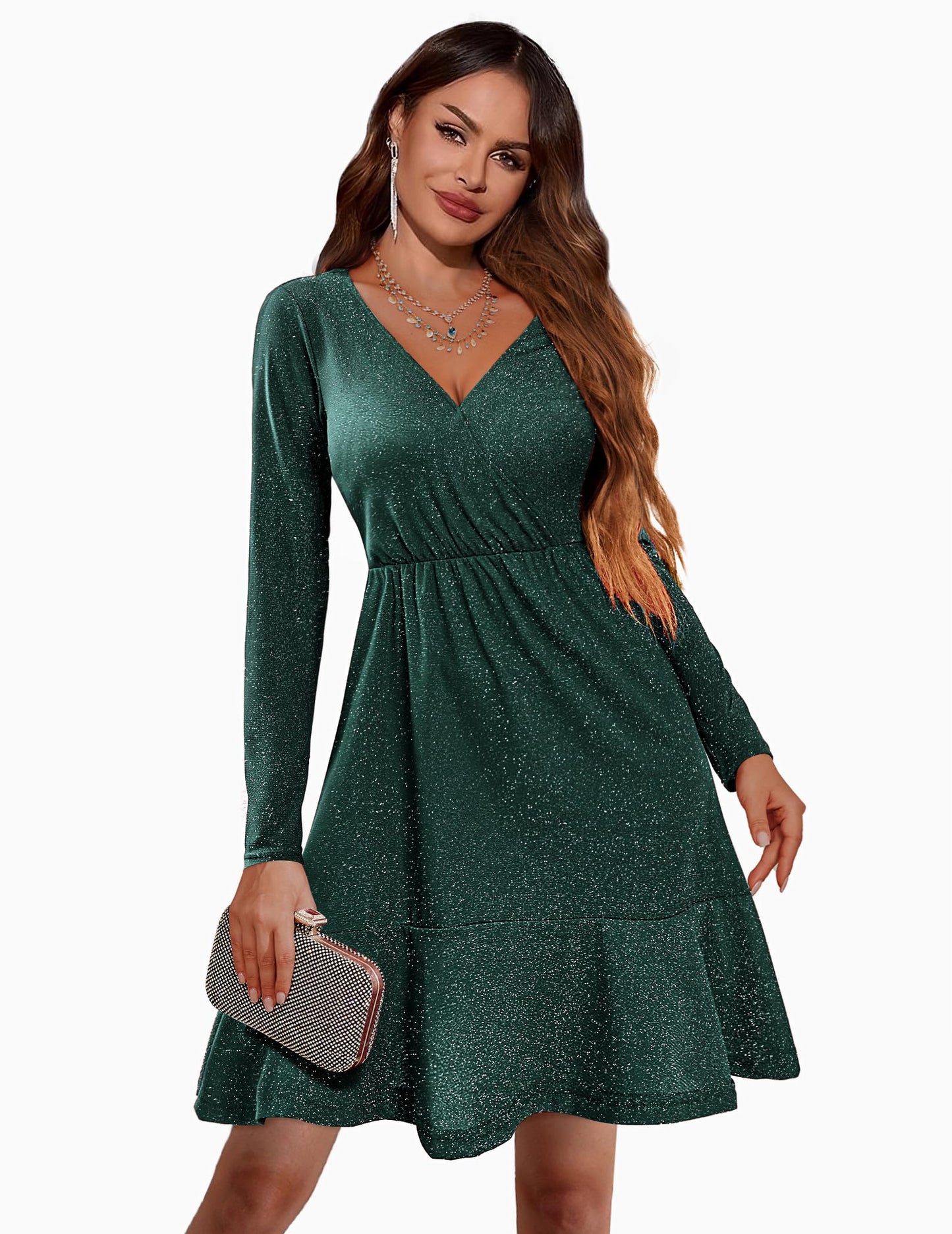 Zeagoo Long Sleeve Formal Dresses for Women Wrap V Neck Ruffle Hem Swing Club Cocktail Party Dresses Mini Sparkle Dress Green