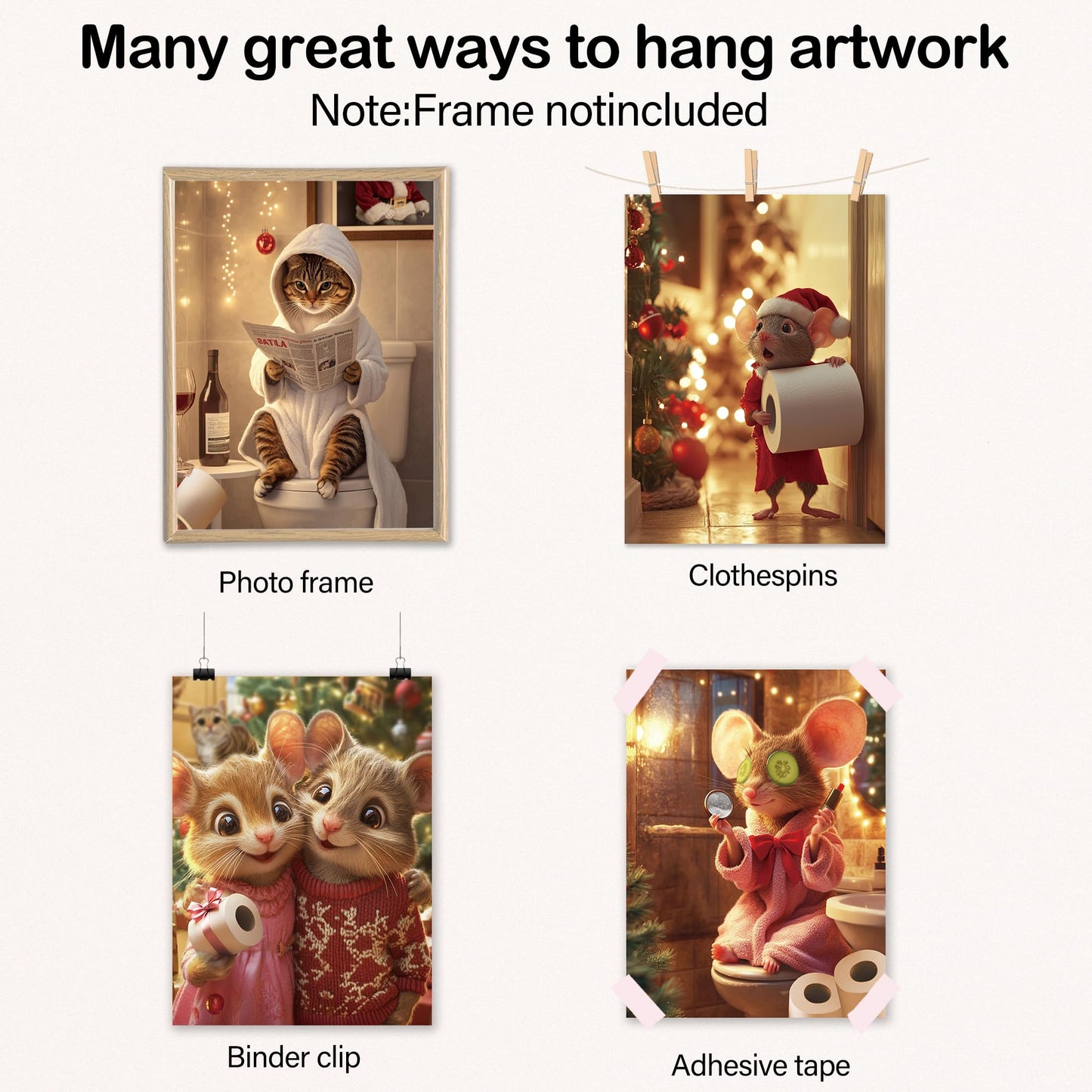Poecinvi Funny Christmas Bathroom Wall Art Prints Set of 4, Christmas Bathroom Decor, Cute Cat Mouse Animal Xmas Posters Pictures Wall Decor for Kids Bath Room Washroom, 8x10 Unframed