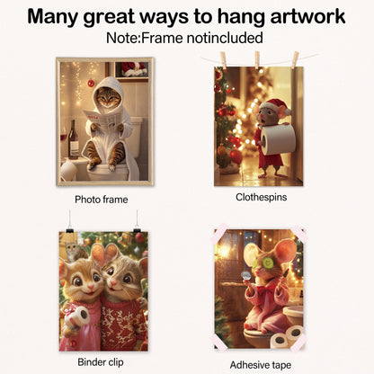 Poecinvi Funny Christmas Bathroom Wall Art Prints Set of 4, Christmas Bathroom Decor, Cute Cat Mouse Animal Xmas Posters Pictures Wall Decor for Kids Bath Room Washroom, 8x10 Unframed