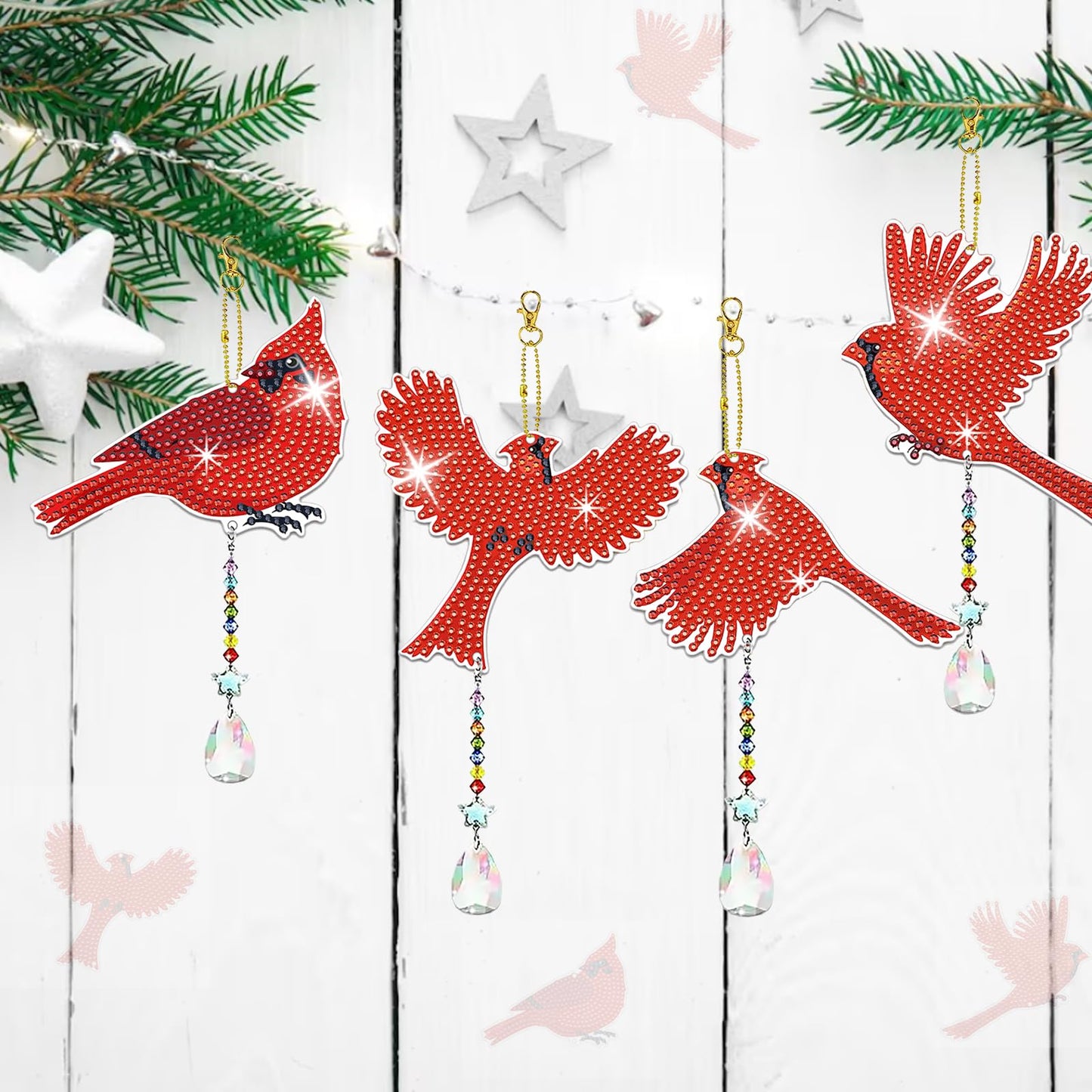 JeCuiK 6 Pcs Cardinal Bird Diamond Painting Wind Chimes 5D DIY Diamonds Painting Suncatcher Ornament Double Sided Diamond Art Suncatcher Hanging Crystal Pendant Best Gifts for Mom