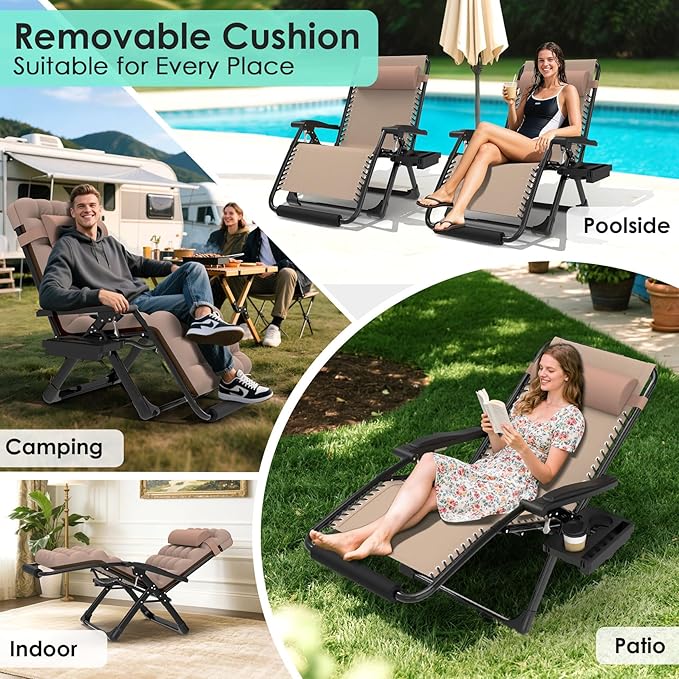 Suteck Oversized Zero Gravity Chair,33In XXL Lounge Chair w/Removable Cushion&Headrest, Reclining Camping Chair w/Upgraded Lock and Footrest, Reclining Patio Chairs Recliner for Indoor Outdoor,500LBS