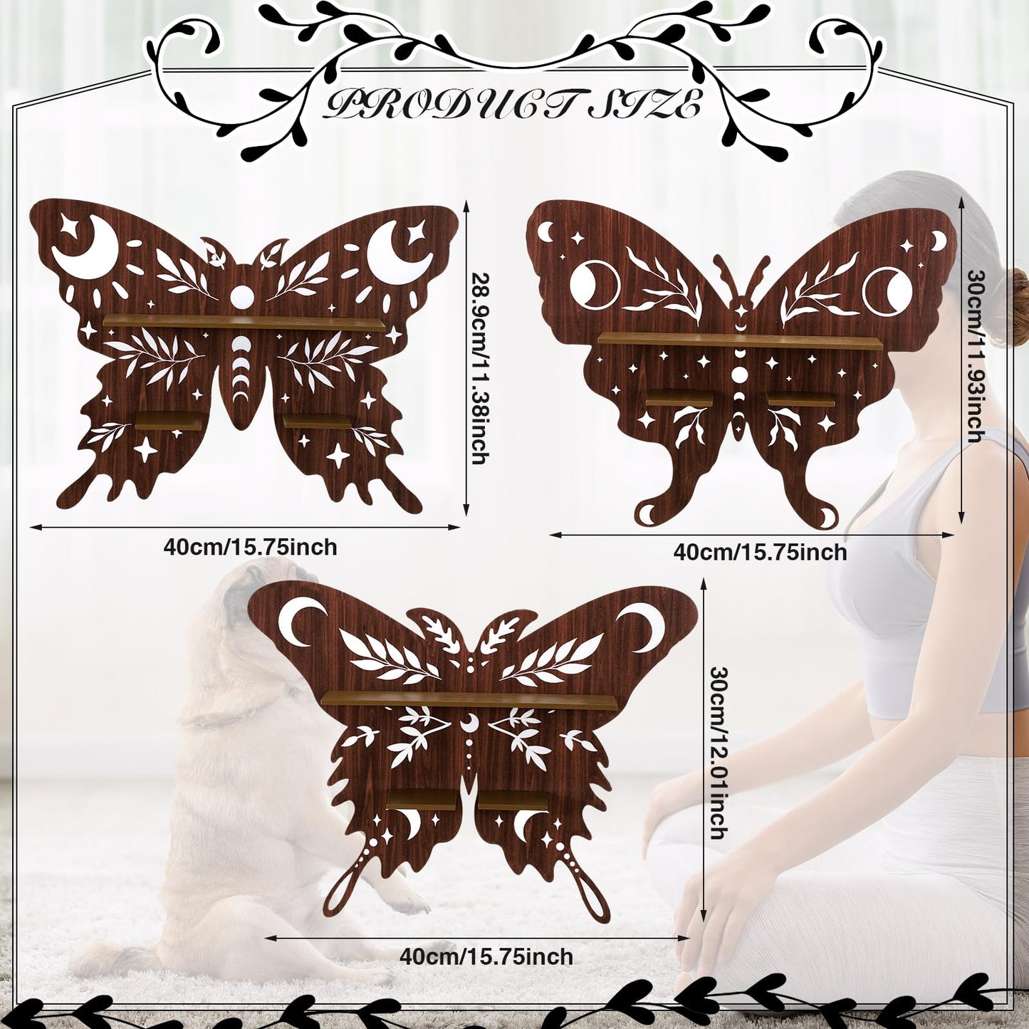 Kigley 3 Pcs Luna Moth Crystal Shelf Display Boho Wood Wall Floating Shelves Butterfly Heart Crystal Shelf Moon Decor for Gem Stone Essential Oil Storage Witchy Home Rustic Decor (Butterfly)