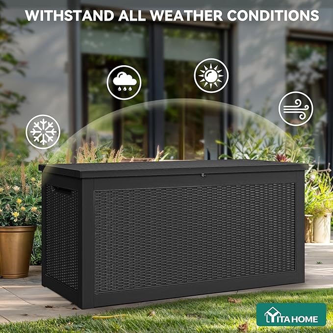 YITAHOME XXL 260 Gal Large Deck Box, Outdoor Resin Storage Box, Rattan Storage Container for Patio Furniture, Garden Tools, Waterproof, Lockable (Black)