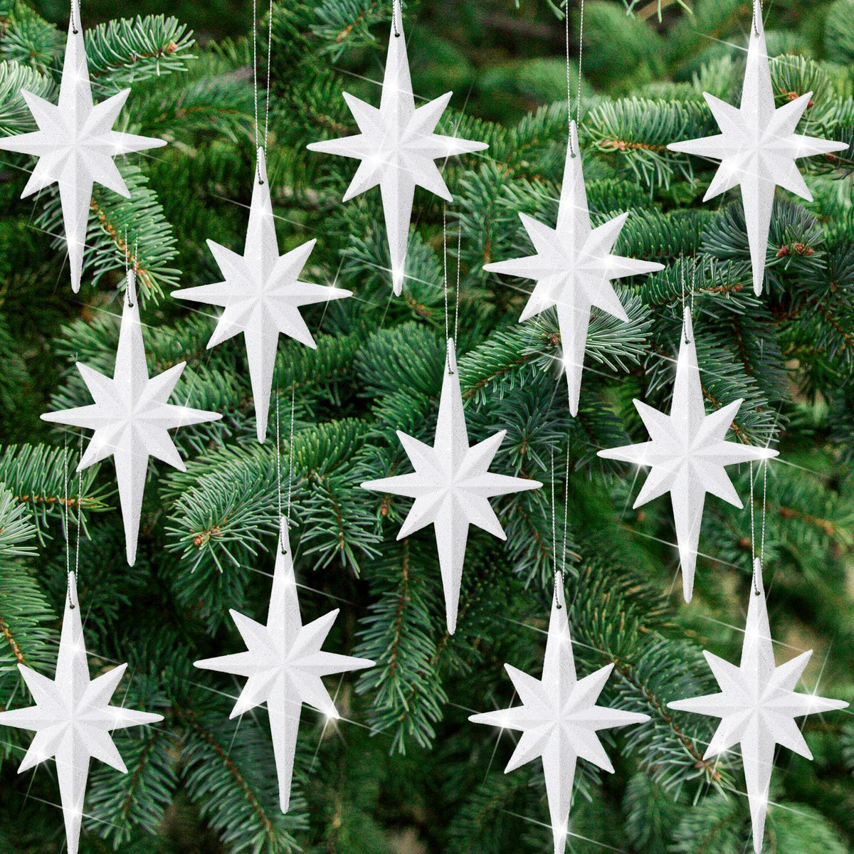 Quzzil 12 Pcs Christmas Bethlehem Star White Ornament 4.72 x 2.95 Inch Star of Bethlehem Christmas Tree Topper Glitter Ornament Plastic Nativity Stars Hanging Decor Accessories