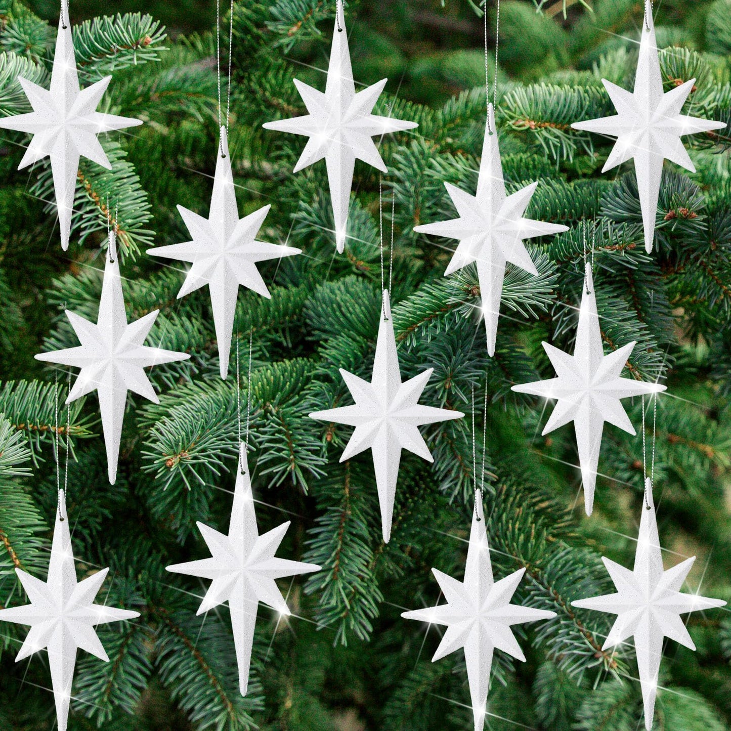 Quzzil 12 Pcs Christmas Bethlehem Star White Ornament 4.72 x 2.95 Inch Star of Bethlehem Christmas Tree Topper Glitter Ornament Plastic Nativity Stars Hanging Decor Accessories
