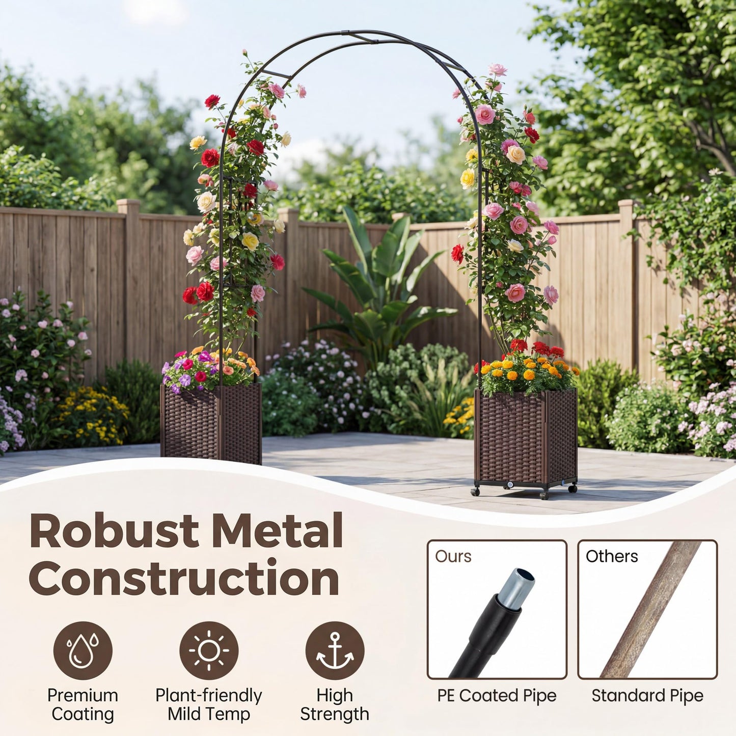 Giantex Metal Garden Arch Trellis Arbor with 2 Self-Watering Planter Boxes, 80" L x 16" W x 91" H PE-Coated Archway with Lockable Rolling Wheels for Climbing Vines, Yard Lawn Party Decorations