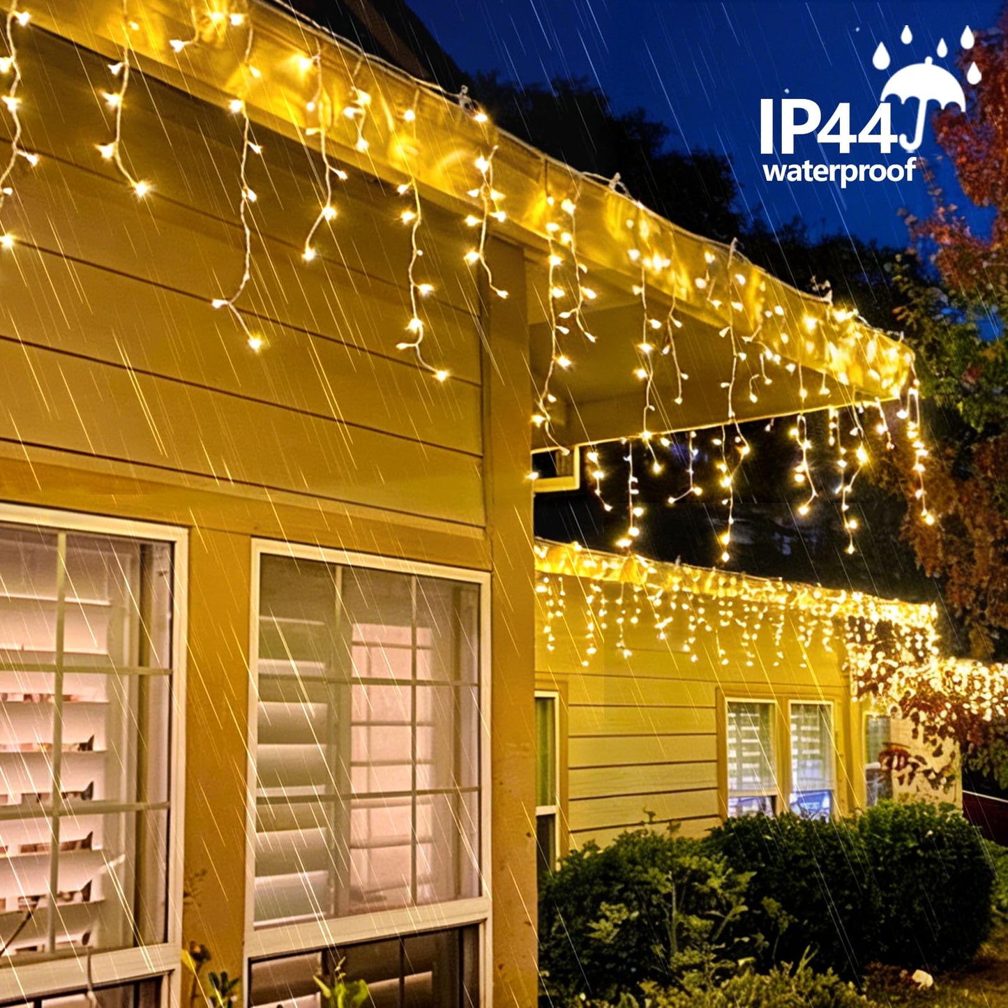 QITONG Warm White Icicle Lights for Outside, 33ft 400 LED String Lights Indoor with 8 Modes, Clear Wire Connectable Icicle Christmas Light Plug in