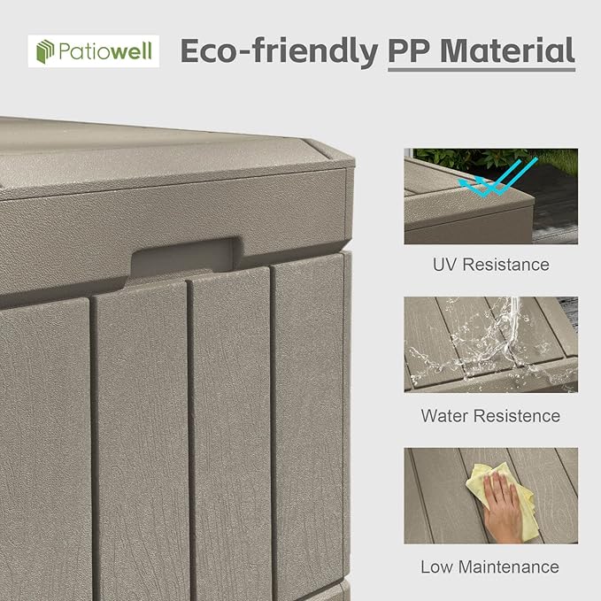 Patiowell 82 Gallon Resin Deck Box, Waterproof Large Wood Look Storage Box for Patio Furniture, Pool Accessories, Garden Tools and Sports Equipment, Lockable, Light Brown