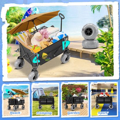 Beach Wagon with Big Wheels for Sand Heavy Duty Collapsible Wagon with 9" All Terrain Inflatable Tires, Foldable Beach Cart for Camping Outdoor Grocery Shopping Garden Sports