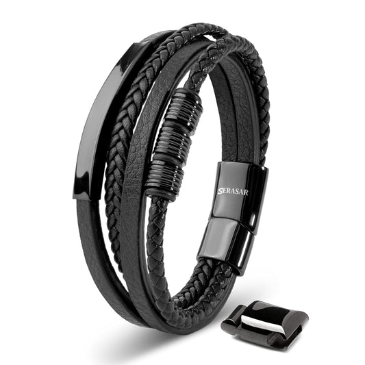 SERASAR Mens Original Leather Bracelet 20cm Black Men Gift Box Genuine Braided Adjust Able Magnetic Clasp Multi Layer Wrap Rope Man Mans Bracelets Jewelry Magnet Accessories