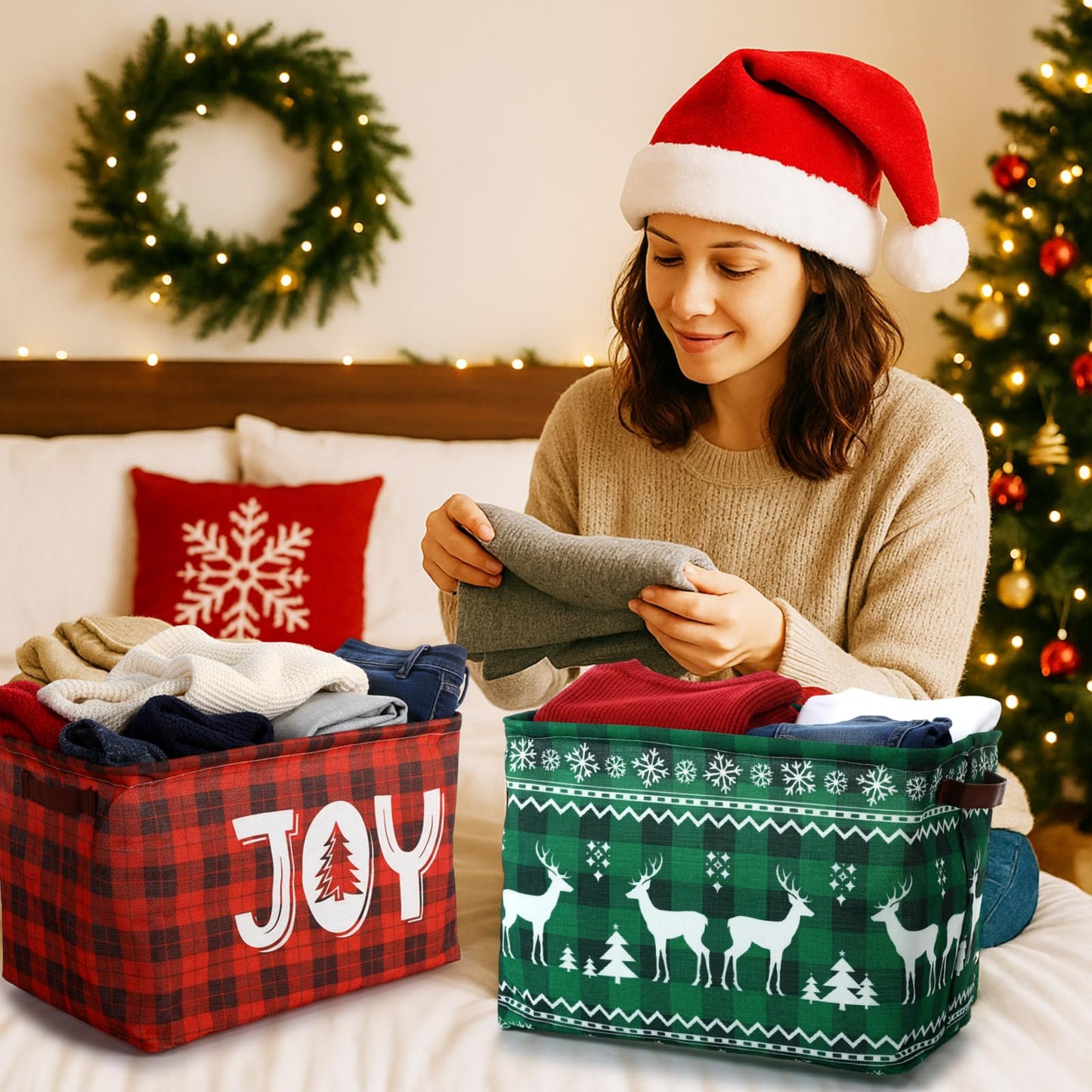 Capoda 4 Pack Christmas Storage Bin Large Collapsible Christmas Storage Baskets with Handles Canvas Green Red Plaid Organizer for Xmas Holiday Office Home Clothes Gifts Book Organization (4, Plaid)