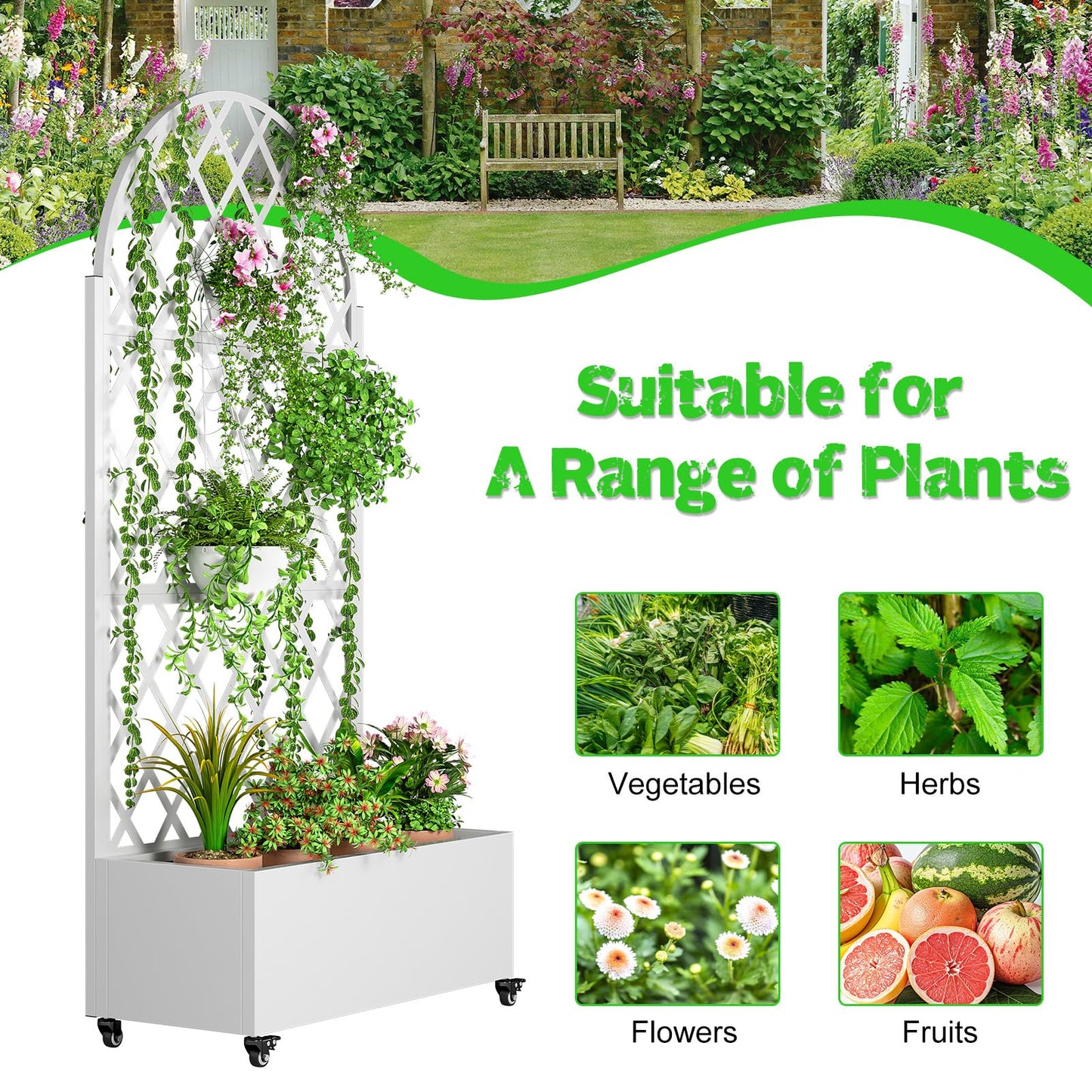 Metal Planter Box with Trellis, Raised Garden Bed with Drainage Hole, Privacy Screen, Wheels, 73"x 35"x 16" Planters Box for Climbing Plants Vegetable Vines, Space-Saving Design, White
