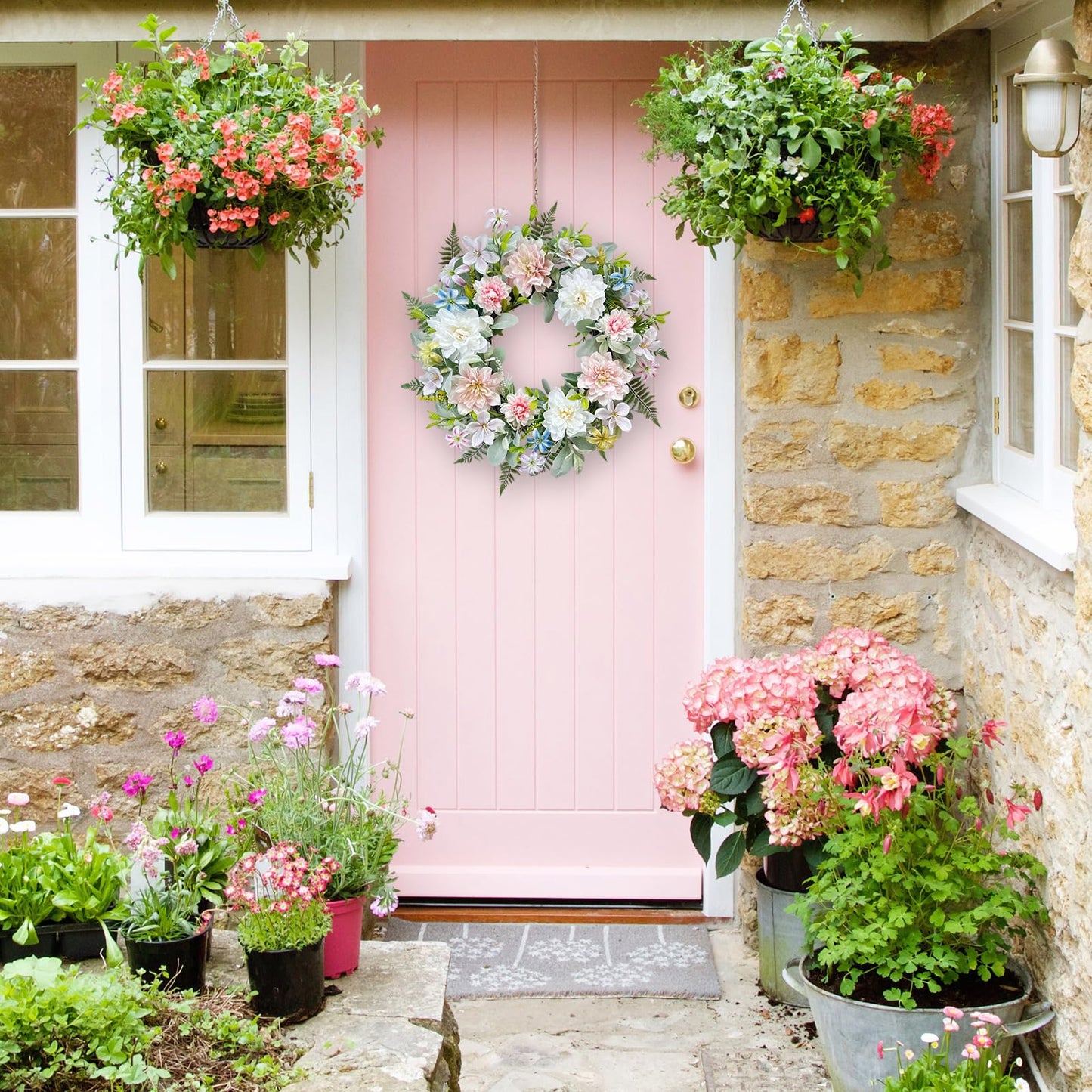 wwmira 22 Inch Artificial Dahlia Wreaths for Front Door, Spring Summer Wreath with Eucalyptus, Fern & Lamb's Ear Leaves, Farmhouse Floral Wreath for Home Porch Window Wall, All Season Decor