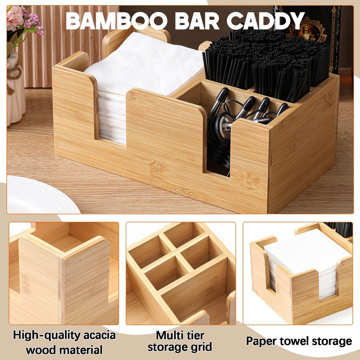 Mifoci Wooden Bar Caddy with 6 Compartments, Bamboo Bar Caddy Napkin & Straw Holder Organizer Cocktail Napkin Holder Condiments for Home Office Kitchen Countertop (Natural, 10.6 L x 5.5 W)