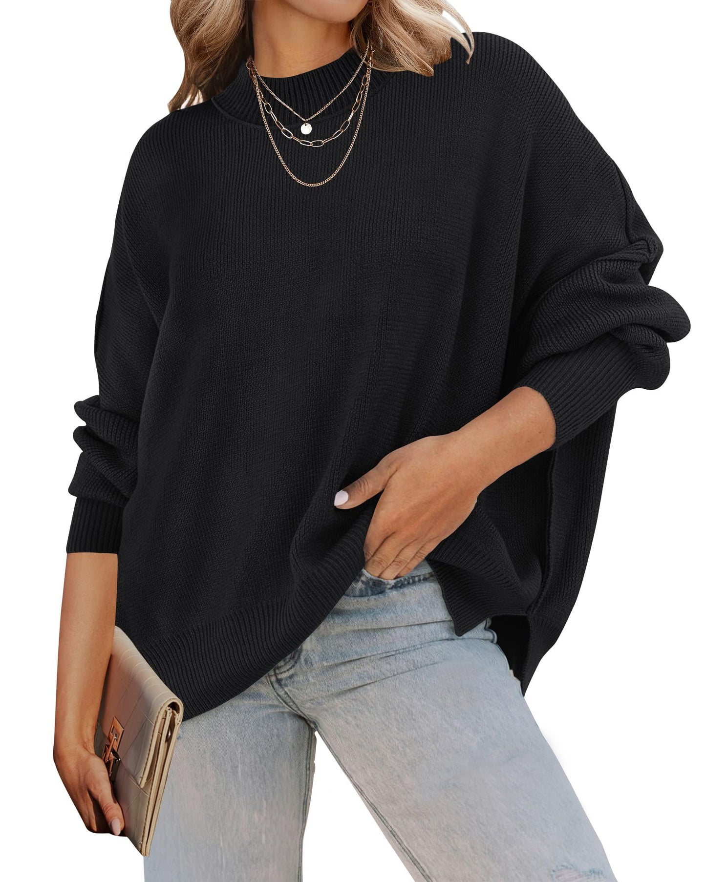 ZESICA Women's Fall 2025 Casual Long Sleeve Crew Neck Side Slit Oversized Ribbed Knit Pullover Sweater Tops