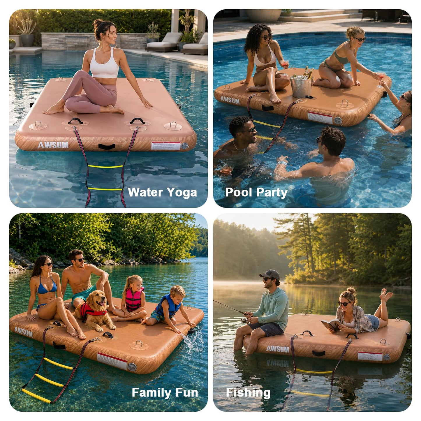 AWSUM Inflatable Floating Dock 8ft x 6ft Air Water Mat Inflatable Island Swim Platform with Non-Slip Wood Surface for Pool Beach Ocean Lake
