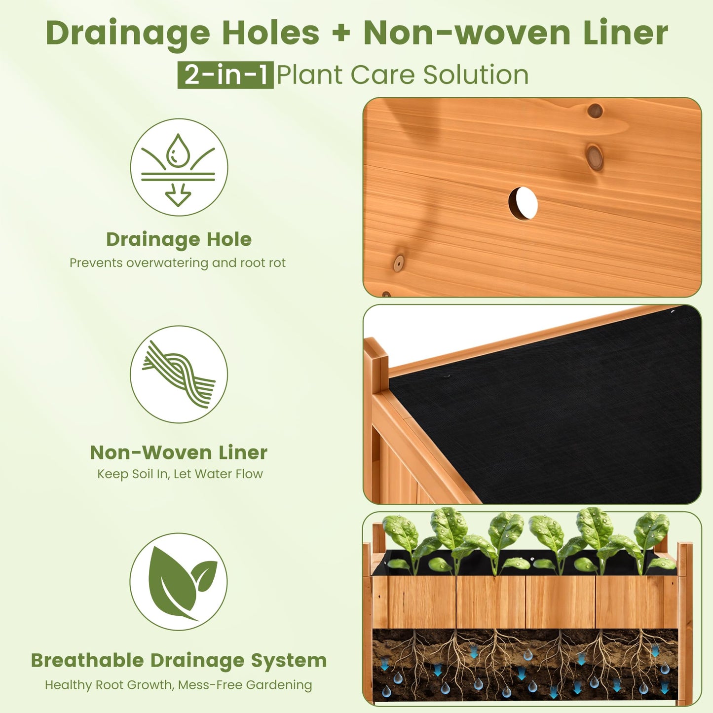 Ultym Set of 2 Fir Wood Square Planter Boxes, 18" Extra Large Outdoor Flower Box with Removable Drainage Base & Non-Woven Liner, Rustic Wooden Planters for Patio Garden Balcony, Wood Bucket Planter